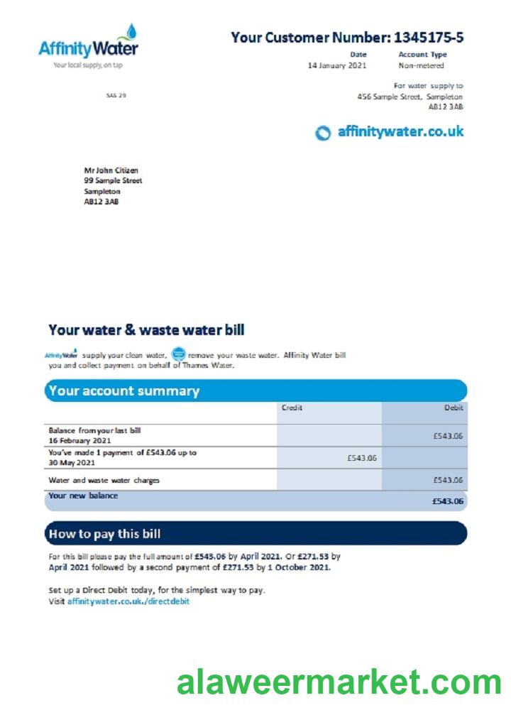 United Kingdom Affinity Water utility bill template in Word and PDF format